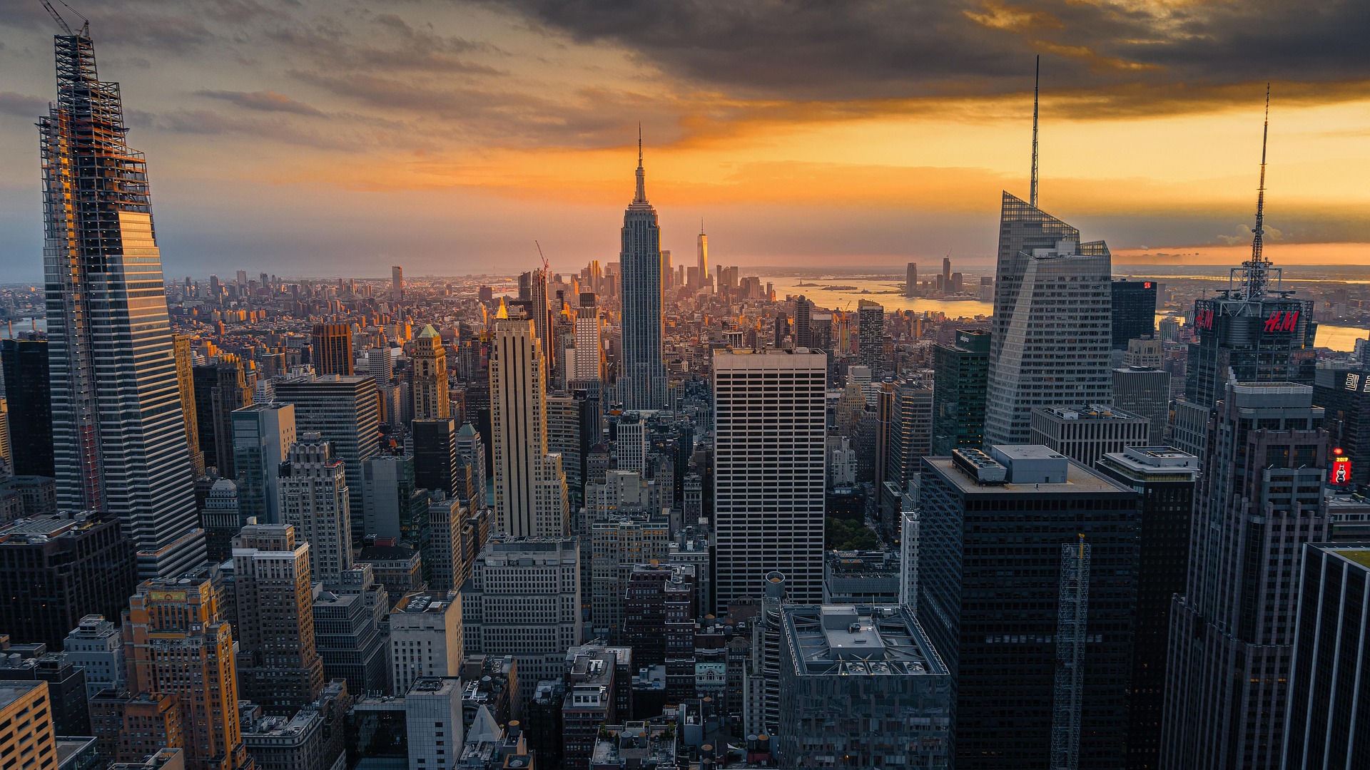 New York City skyline at sunset